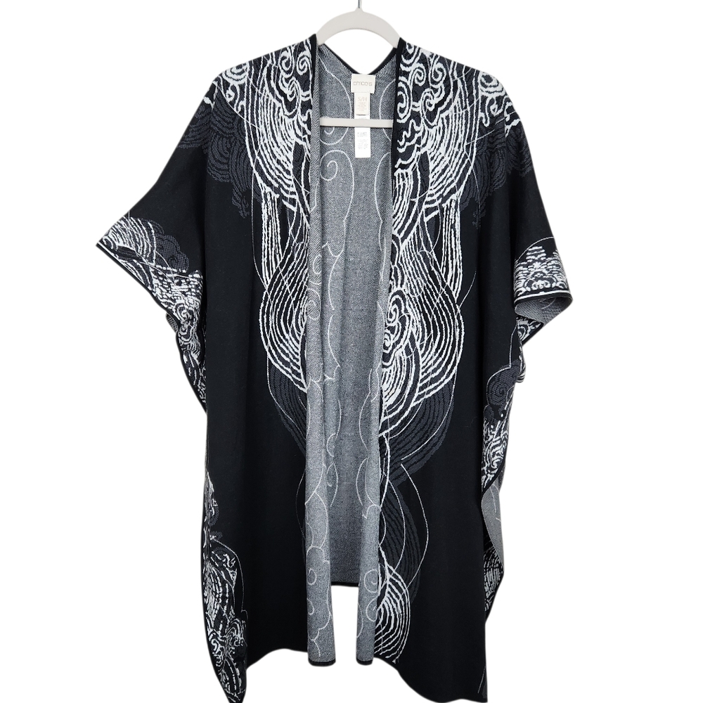 Chico's Open Front Ruana Black Geometric Pattern Shawl Cape Womens Size S/M